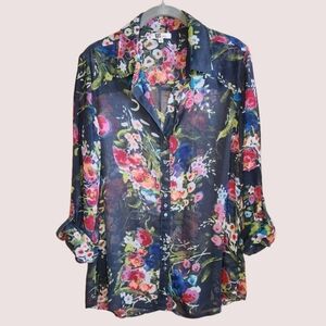 KUT FROM THE KLOTH CHIFFON SEMI SHEER LONG SLEEVE FLORAL BLOUSE MEDIUM LIKE NEW!
